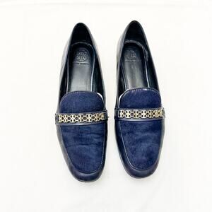 Tory Burch Gemini Cow Fur Link Loafer Leather Navy Blue Size 11 EUC